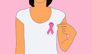 Desenho de mulher apontando com o dedo indicador para o peito onde tem uma fita cor de rosa.