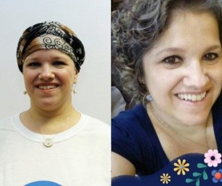 Montagem de fotos de uma mulher. A esquerda com turbante na cabeça. a direita com cabelos a mostra.