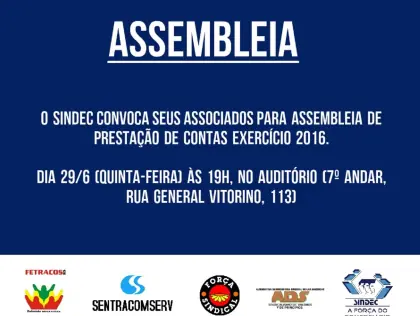 cartaz com fundo azul marinho com letras brancas dizendo: assembleia